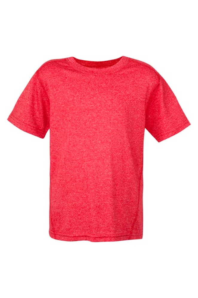 A red heather T-shirt from the Kids Heather Tees - Greatness Range, featuring a simple design and short sleeves.