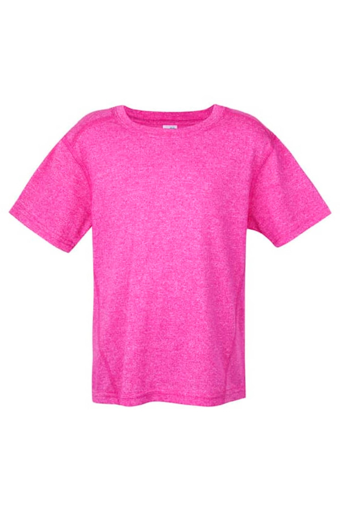 A vibrant pink heather t-shirt with short sleeves, featuring a simple design and a brand logo.