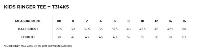 A size chart for a kids' ringer tee, displaying half chest measurements and lengths in various sizes.