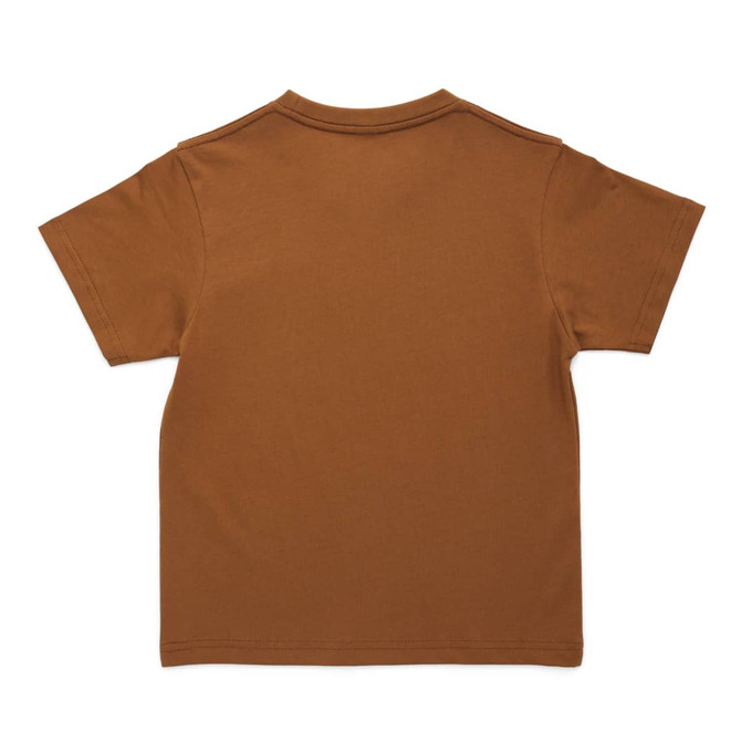 A brown kids' T-shirt with short sleeves and a plain back, featuring a simple design.