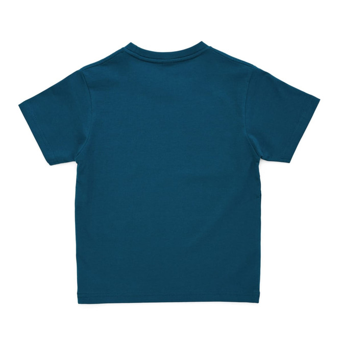 A teal kids' t-shirt featuring short sleeves and a plain back. It includes a logo on the label area.