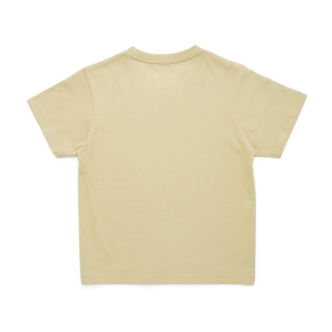A light beige kids' t-shirt with short sleeves, featuring a solid back and a logo.