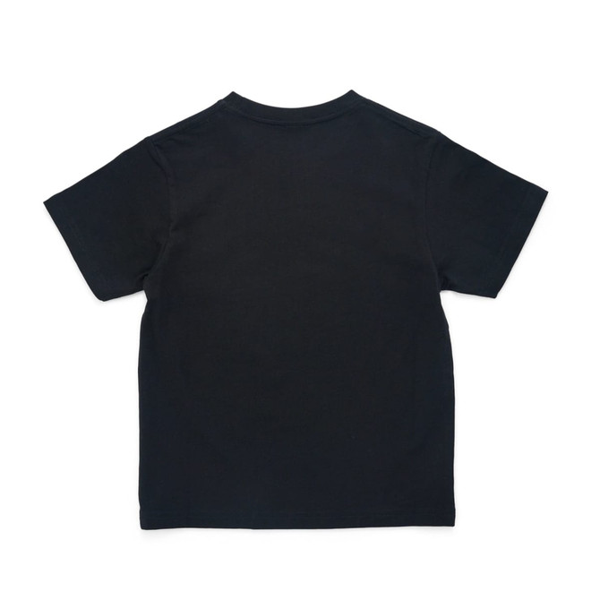 A black kids' t-shirt with short sleeves, featuring a plain design and no visible branding.
