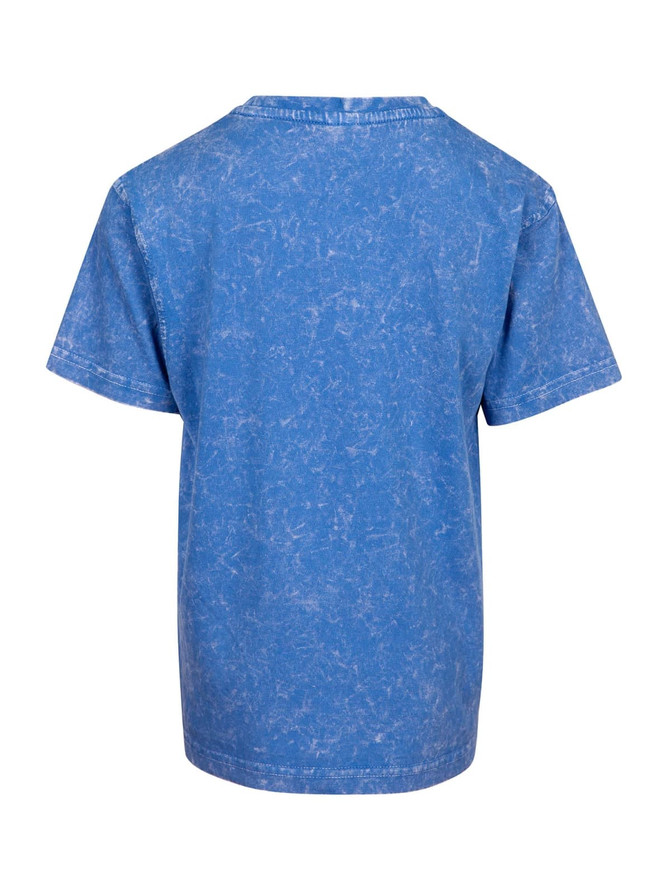 A blue stone wash T-shirt with a casual design and short sleeves, featuring a branding logo on the back.