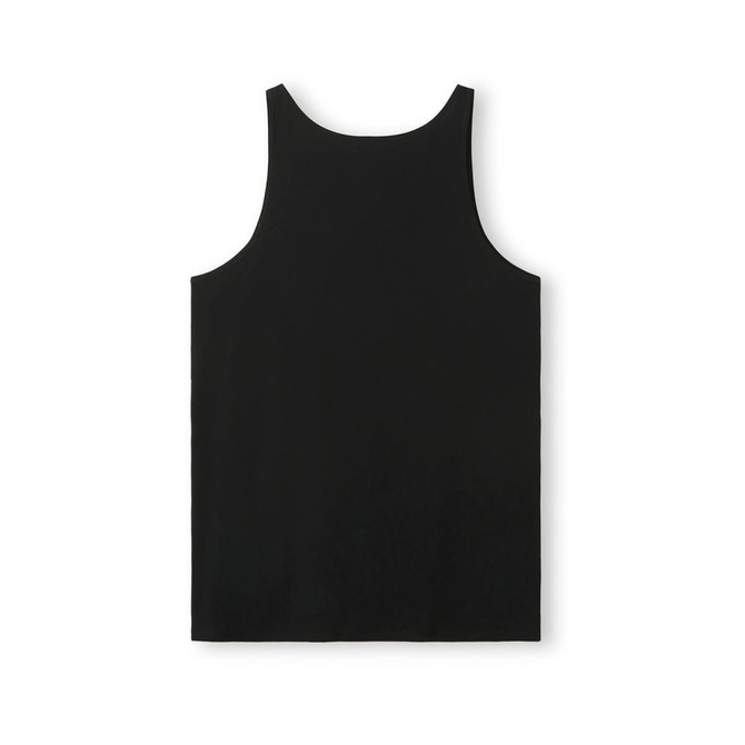 A black men's singlet with a simple design, featuring a logo on the back. Suitable for casual wear.