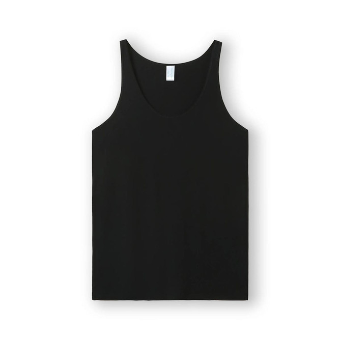 A black men's singlet featuring a simple design and a logo on the label. Suitable for casual wear.