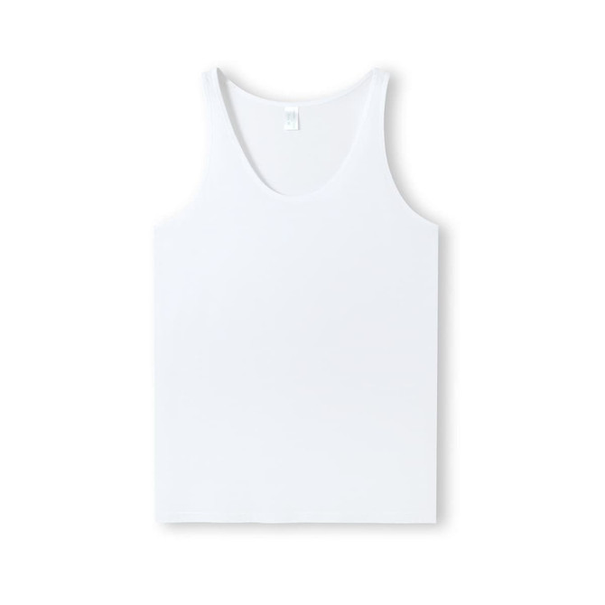 A white men’s singlet featuring a round neckline and a smooth texture. It has a logo on the label.