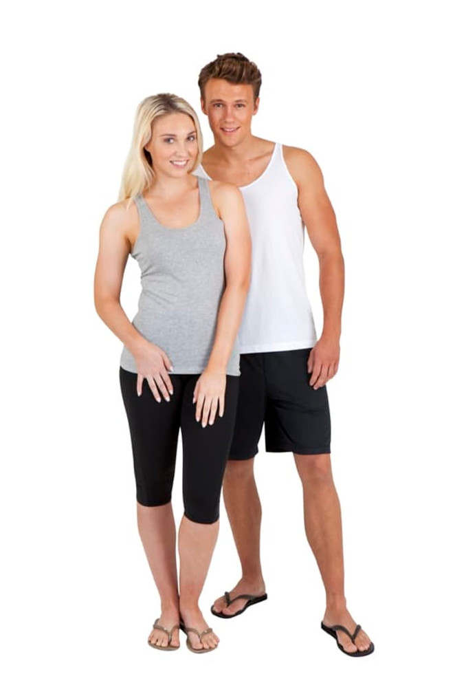 A grey women's singlet and a white men's singlet displayed on models, featuring a logo on the garments.