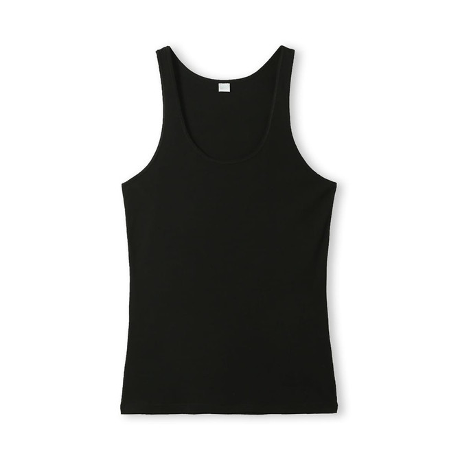 A black women's singlet with a scoop neck and wide shoulder straps. It features a branding logo.