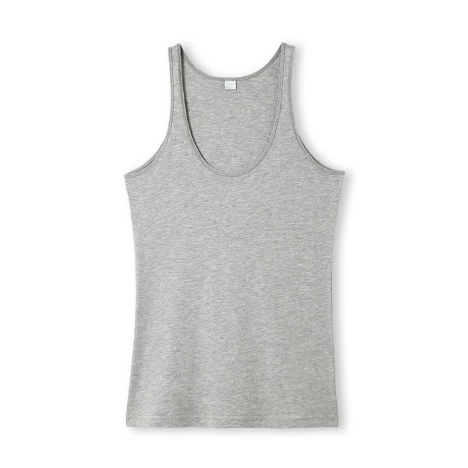 A grey women's singlet with a scoop neck and thin straps, featuring a branding logo.
