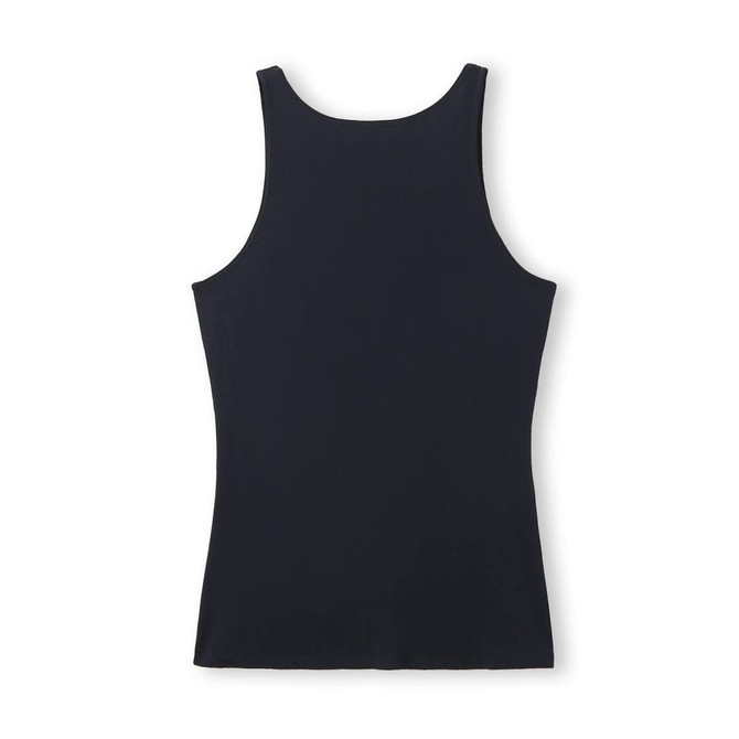 A black women's singlet with a sleeveless design and fitted style, featuring a logo.