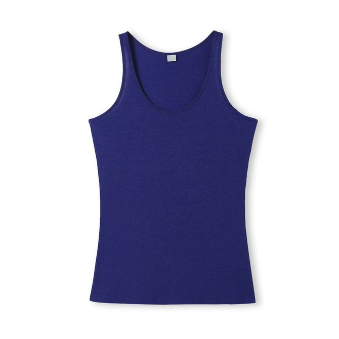 A women's singlet in a rich blue colour, featuring a classic sleeveless design and a logo on the label.