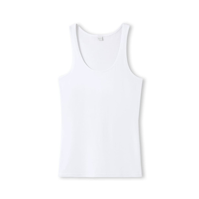 A white women's singlet with a scoop neckline and a fitted design, featuring a logo.