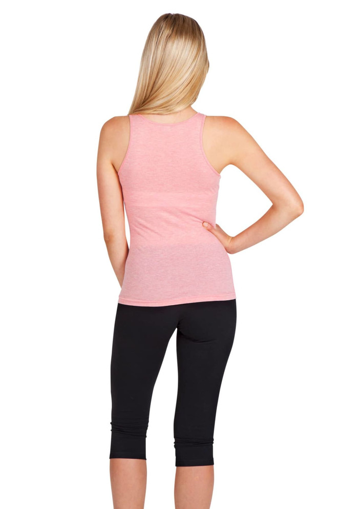 A pink women's singlet paired with black leggings, featuring a logo on the garment.
