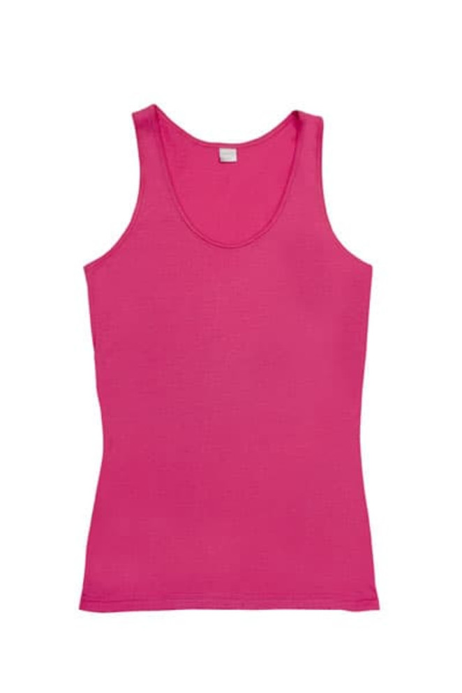 A pink women's singlet with a classic tank top design and a label at the neckline.