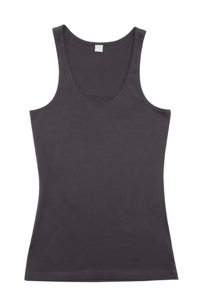 A black women's American style singlet with a scoop neckline and no sleeves, featuring a tag at the neck.