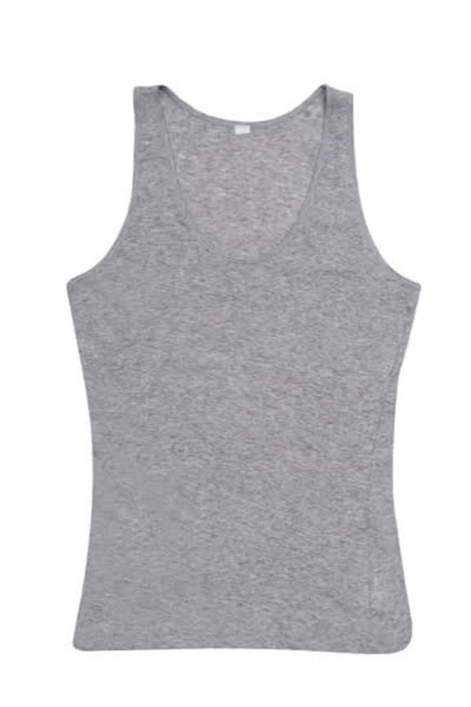 A grey women's singlet with a scoop neckline and a fitted style. The product features a logo.