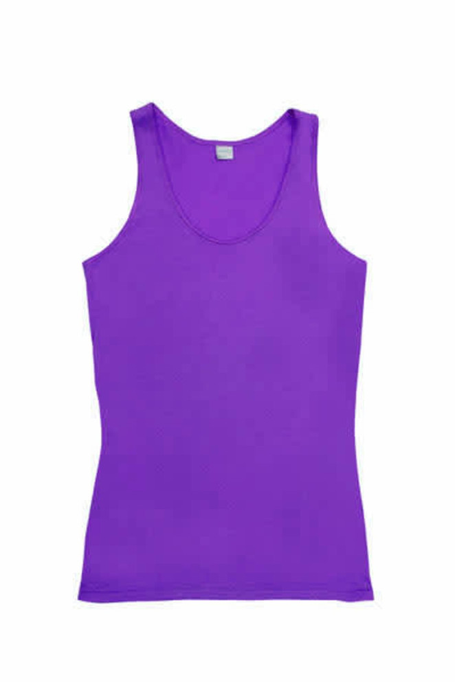 A purple women's singlet with a sleeveless design and a rounded neckline, featuring a logo.