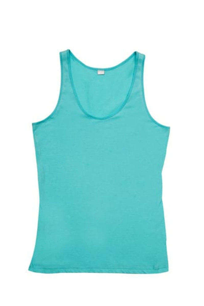 A women's American style singlet in a vibrant turquoise colour, featuring a simple design and a logo.
