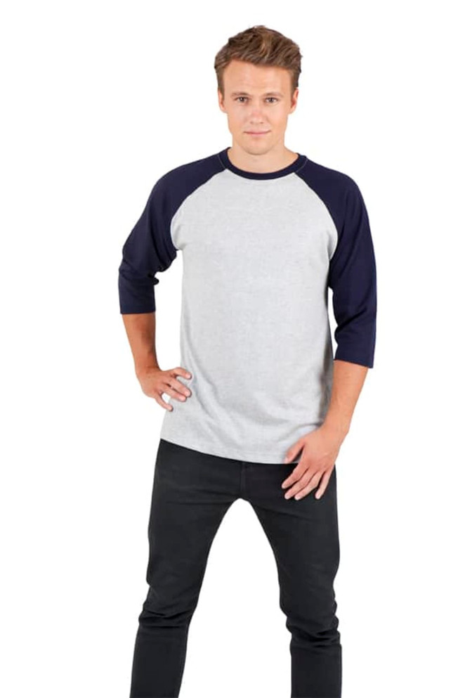 A unisex 3/4 sleeve raglan T-shirt in grey with navy sleeves, featuring a logo on the chest.