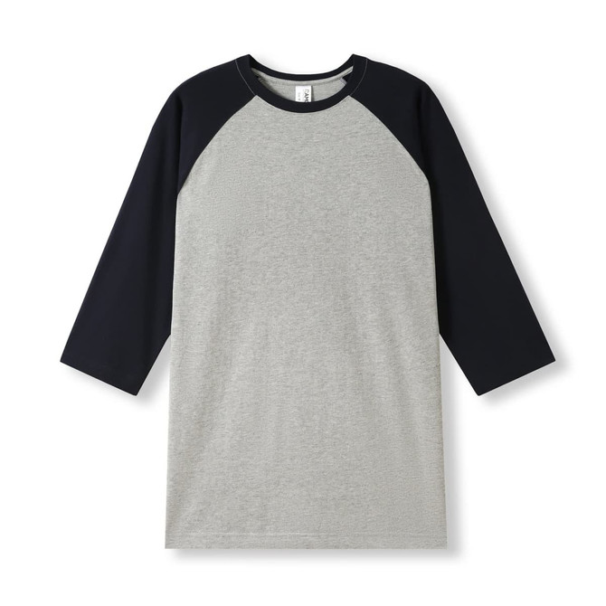 Men's/unisex 3/4 sleeve raglan T-shirt featuring a grey body and navy blue sleeves, with a branding logo.