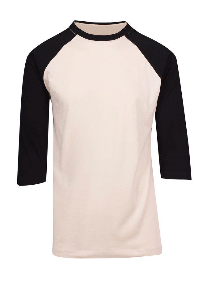 A men's/unisex 3/4 sleeve raglan T-shirt in cream with black raglan sleeves. The shirt has a logo.