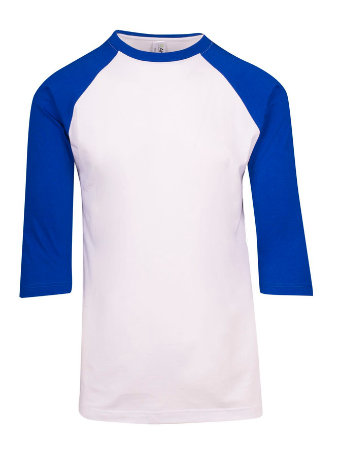 A white and blue unisex 3/4 sleeve raglan T-shirt featuring a logo on the chest area.