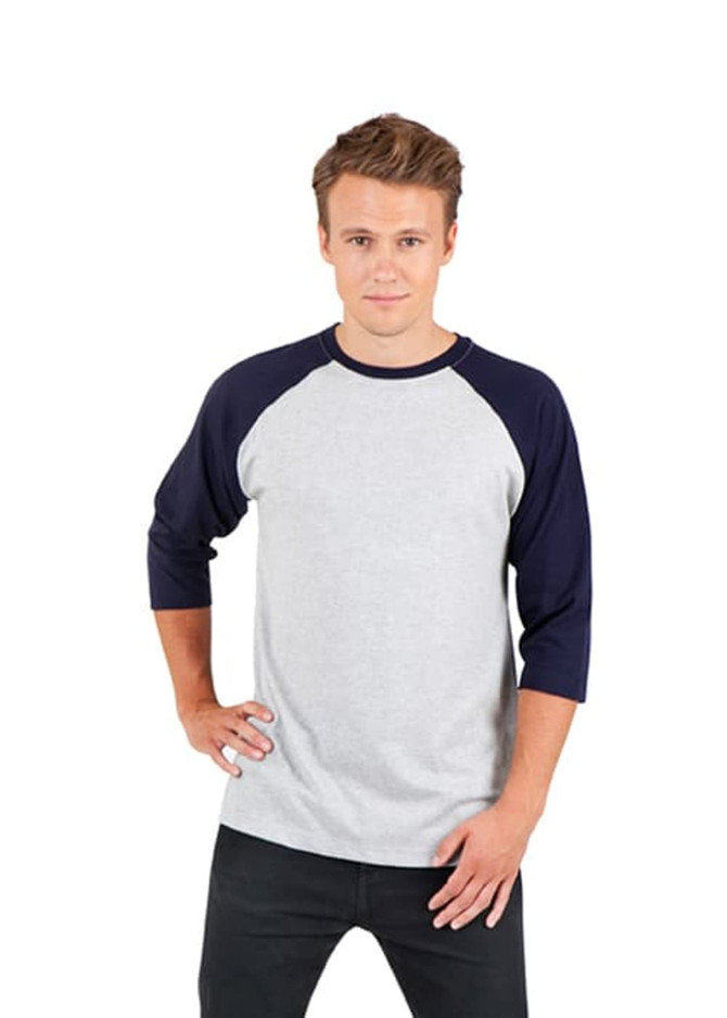 A grey and navy unisex 3/4 sleeve raglan T-shirt with a logo, worn by a model.
