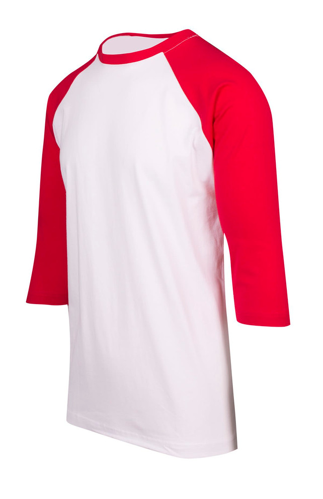 A unisex 3/4 sleeve raglan T-shirt featuring a white body and red sleeves, with a logo on it.