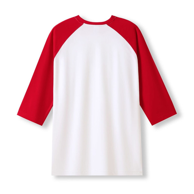 A unisex 3/4 sleeve raglan T-shirt with a white body and vibrant red sleeves at the back. It has a logo.