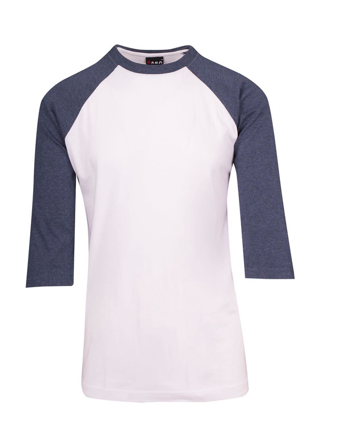 A white unisex 3/4 sleeve raglan T-shirt with navy blue sleeves and a logo on the collar.