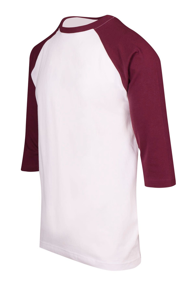 Men's/unisex 3/4 sleeve raglan T-shirt in white with maroon sleeves. Features a logo on the sleeve.