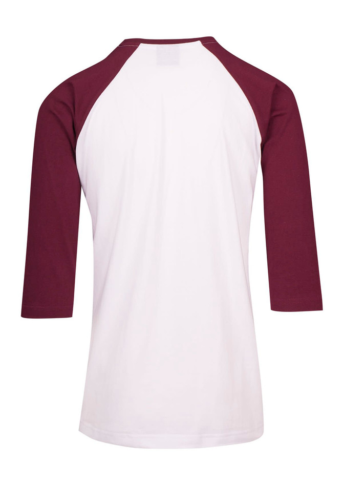A maroon and white unisex 3/4 sleeve raglan T-shirt featuring a logo on the back.
