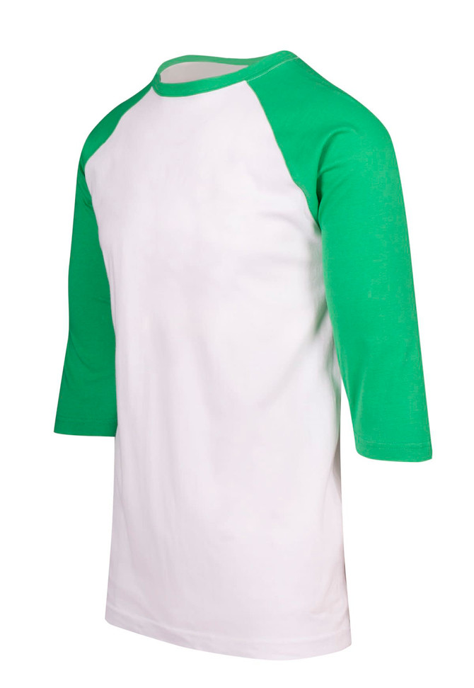 A 3/4 sleeve raglan T-shirt featuring green sleeves and a white body, with a logo on the front.