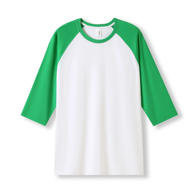 Men's/unisex 3/4 sleeve raglan T-shirt with white body and green sleeves. Features a logo on the front.