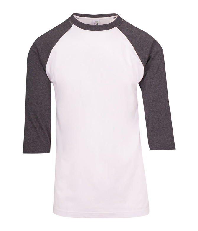 A white and dark grey 3/4 sleeve raglan T-shirt featuring a raglan design and a brand logo.