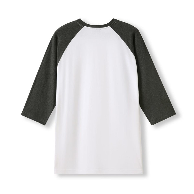 A white and grey unisex 3/4 sleeve raglan T-shirt with a plain design and logo on the back.