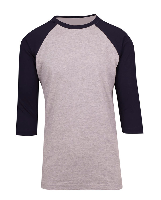 A grey and navy blue men's/unisex 3/4 sleeve raglan T-shirt with a raglan design and no visible logos.