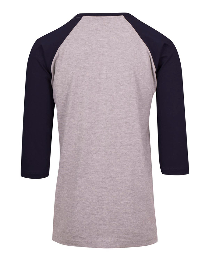 A 3/4 sleeve raglan T-shirt in grey with navy sleeves, featuring a logo on the back.
