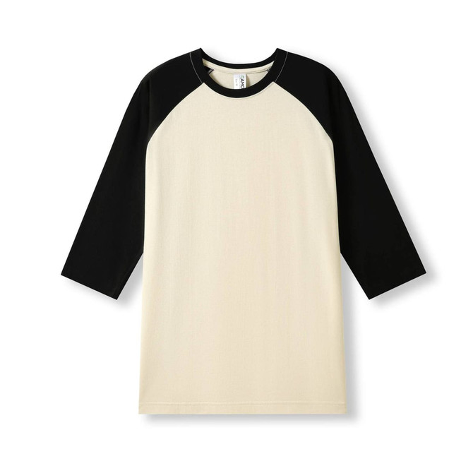 A men's/unisex 3/4 sleeve raglan T-shirt featuring a cream body with black sleeves and a logo.