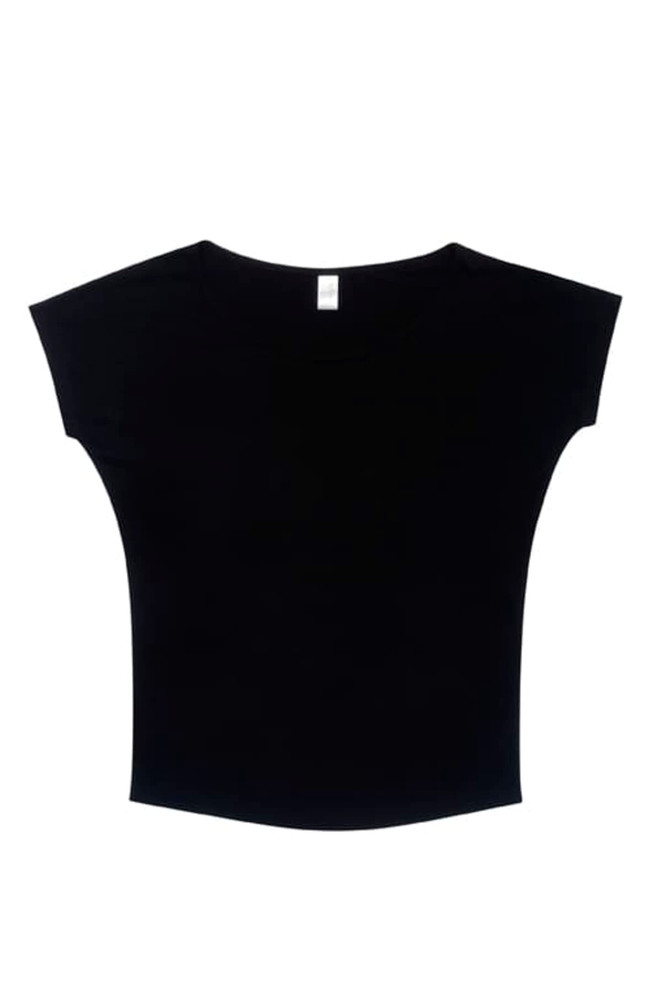 A black women's bat wing T-shirt with a wide neckline and short sleeves, featuring a logo.