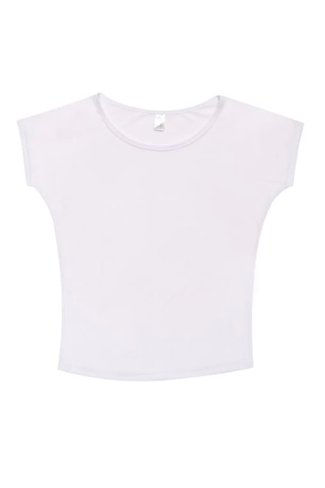 A white bat wing T-shirt with a wide neckline and short sleeves, featuring a logo on the label.