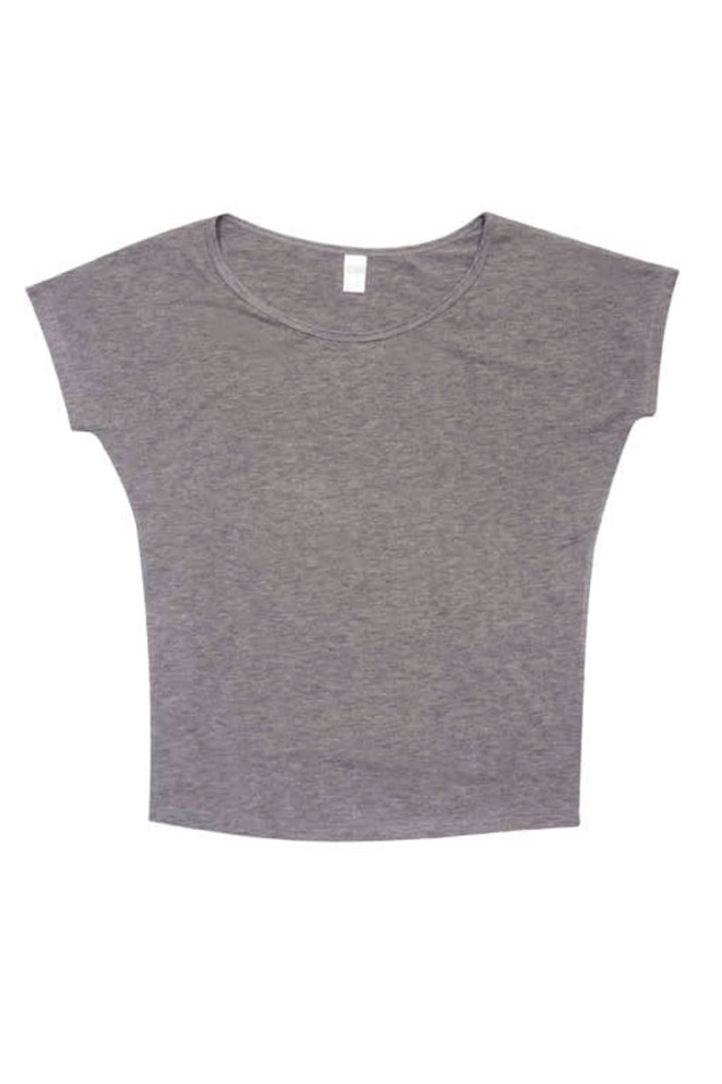 A grey women's bat wing T-shirt with a wide neckline and short cap sleeves. It has a logo on the label.