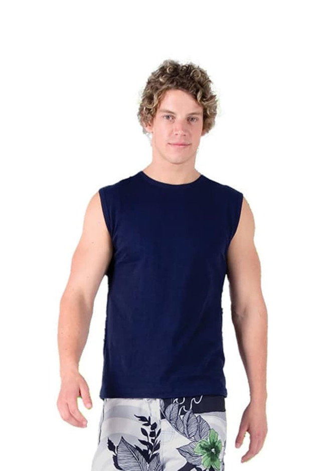 A navy blue muscle T-shirt without sleeves, displayed on a model wearing patterned shorts, featuring a logo.