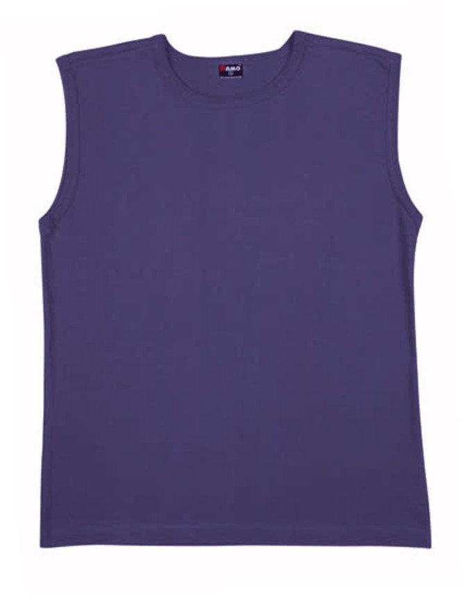 A purple men's muscle T-shirt with no sleeves, featuring a logo on the neckline.
