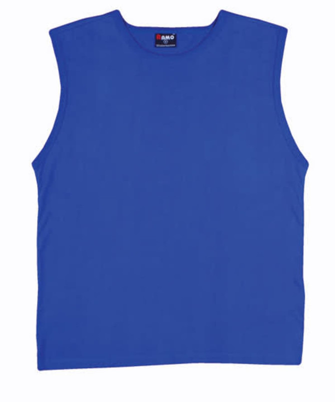 A blue men's muscle T-shirt with a sleeveless design and a branded tag.