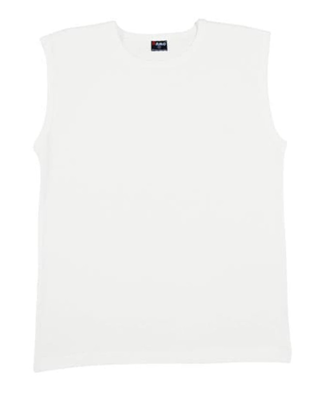 A white sleeveless muscle t-shirt featuring a logo at the neckline. Ideal for casual wear.