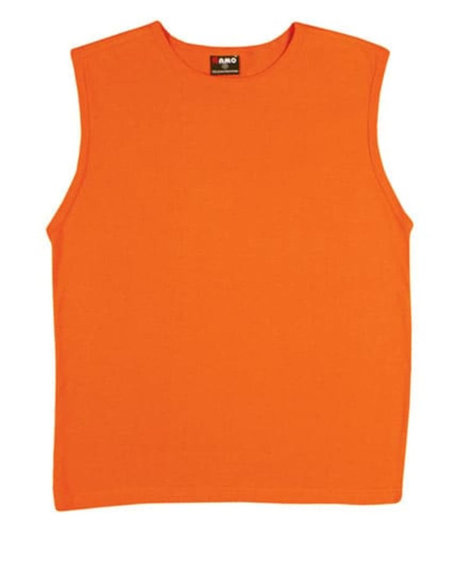An orange men's muscle T-shirt featuring a sleeveless design and a brand logo at the neckline.