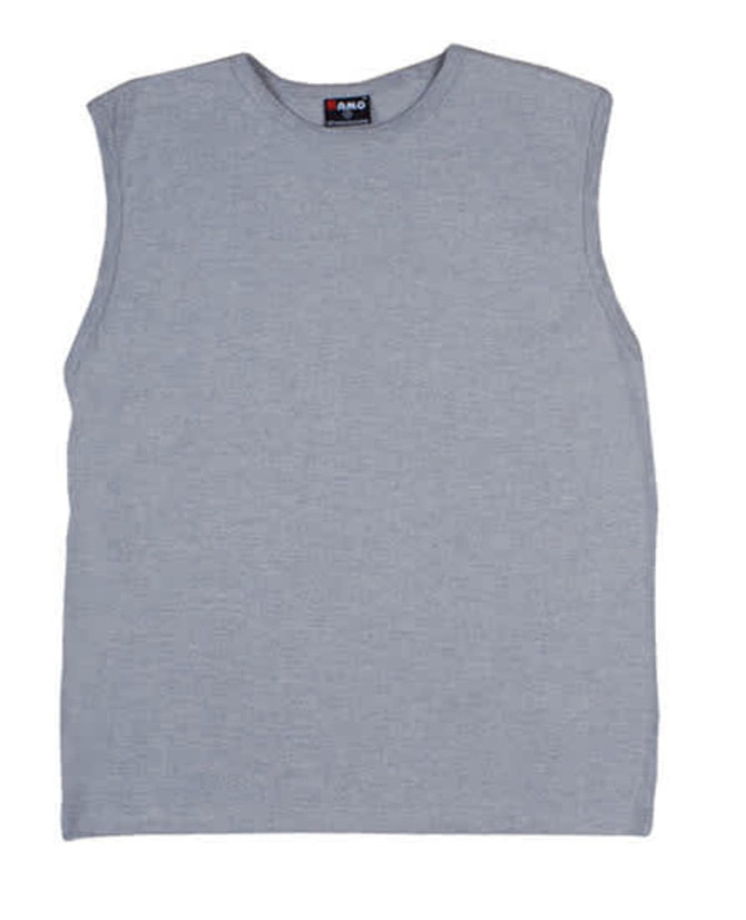 A grey men's muscle T-shirt with a sleeveless design and a logo on the label.