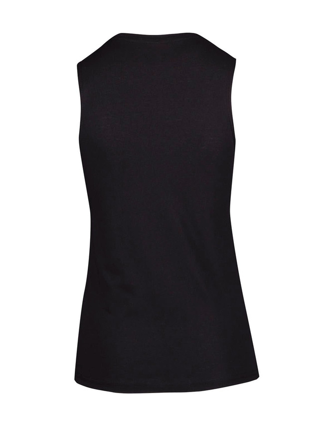 A black sleeveless women's tee from the Greatness Range, featuring a fitted silhouette and a plain back design.
